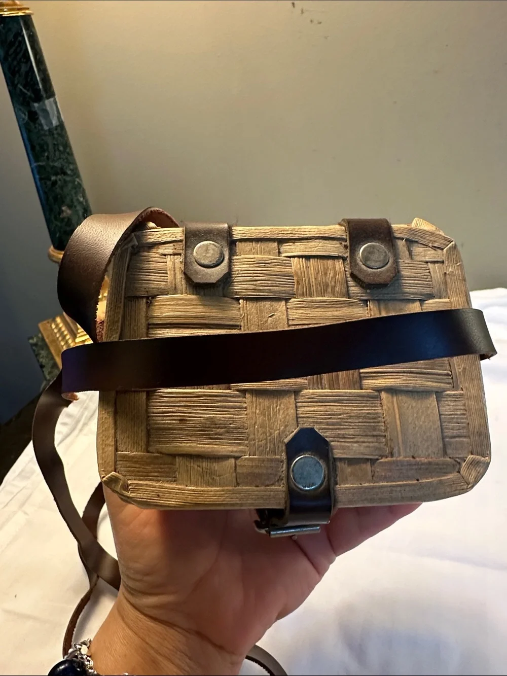 Woven Straw Crossbody Bag with Brown Leather Strap